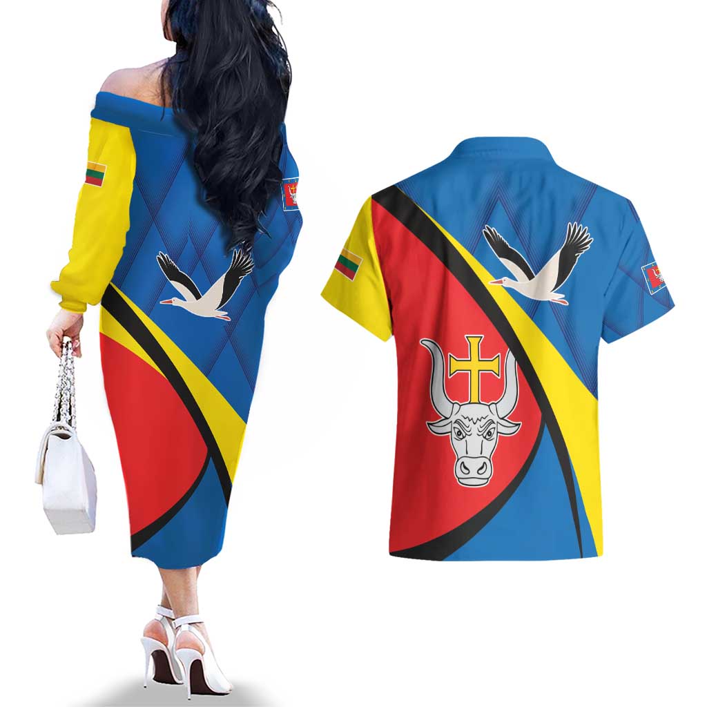 Lithuania Kaunas County Couples Matching Off The Shoulder Long Sleeve Dress and Hawaiian Shirt Kauno Apskritis Coat of Arms