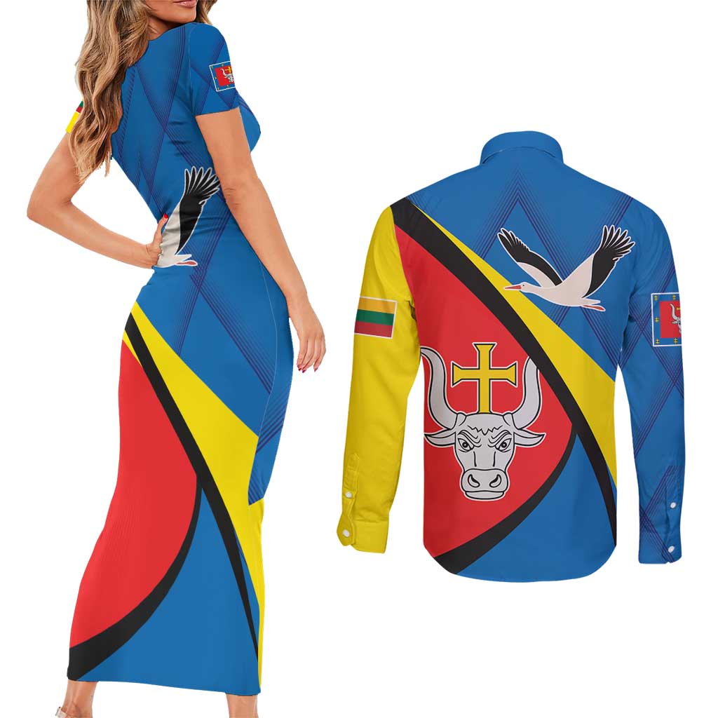 Lithuania Kaunas County Couples Matching Short Sleeve Bodycon Dress and Long Sleeve Button Shirt Kauno Apskritis Coat of Arms