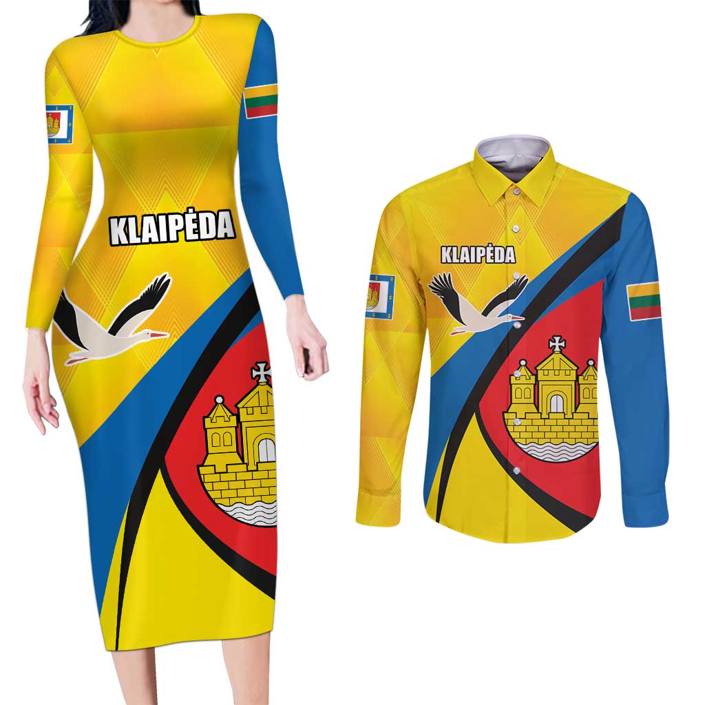 Lithuania Klaipeda Country Couples Matching Long Sleeve Bodycon Dress and Long Sleeve Button Shirt Klaipedos Apskritis Coat of Arms - Wonder Print Shop