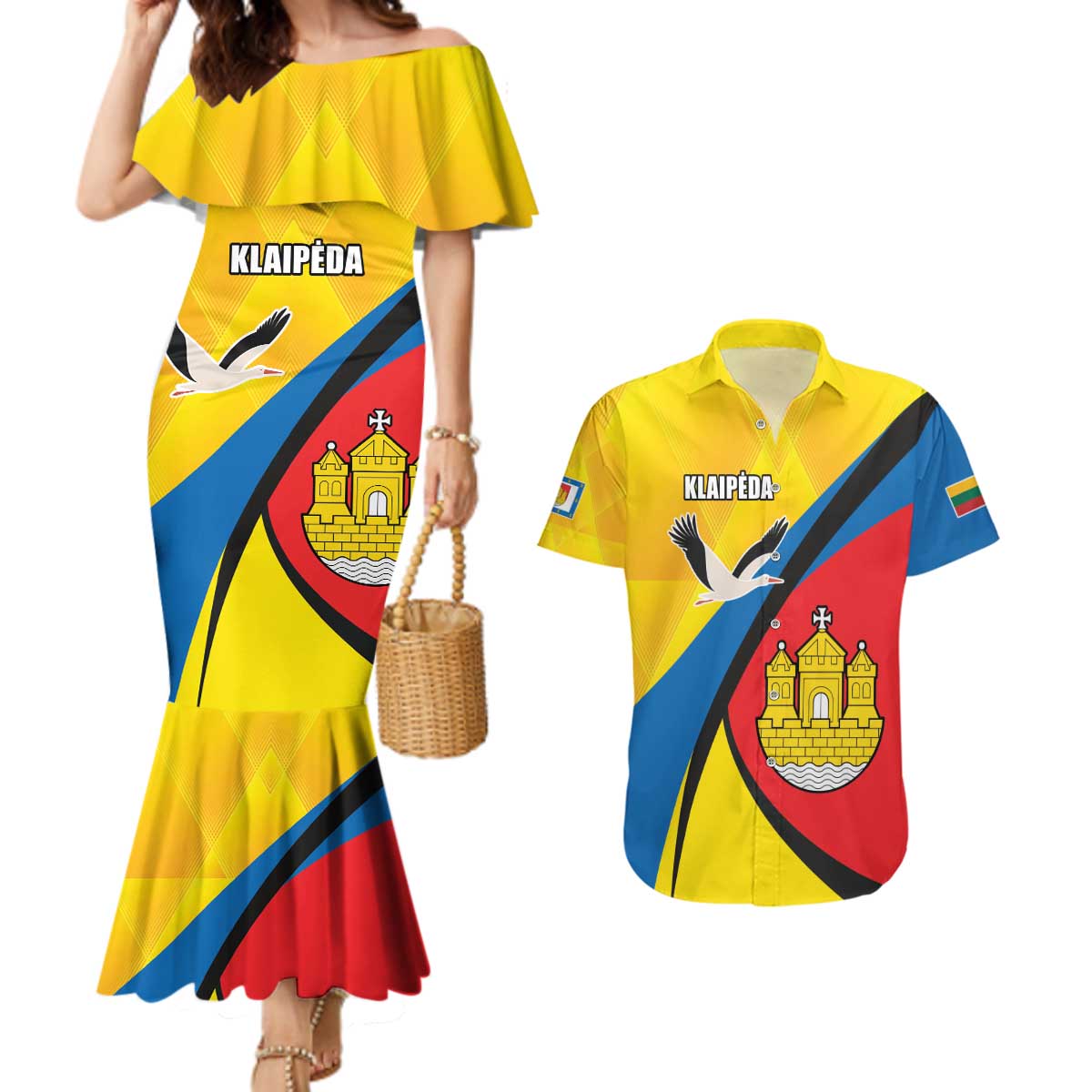 Lithuania Klaipeda Country Couples Matching Mermaid Dress and Hawaiian Shirt Klaipedos Apskritis Coat of Arms - Wonder Print Shop