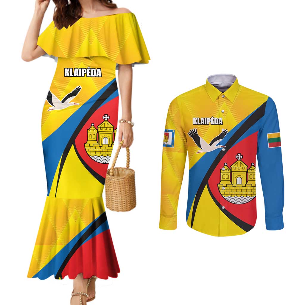 Lithuania Klaipeda Country Couples Matching Mermaid Dress and Long Sleeve Button Shirt Klaipedos Apskritis Coat of Arms - Wonder Print Shop