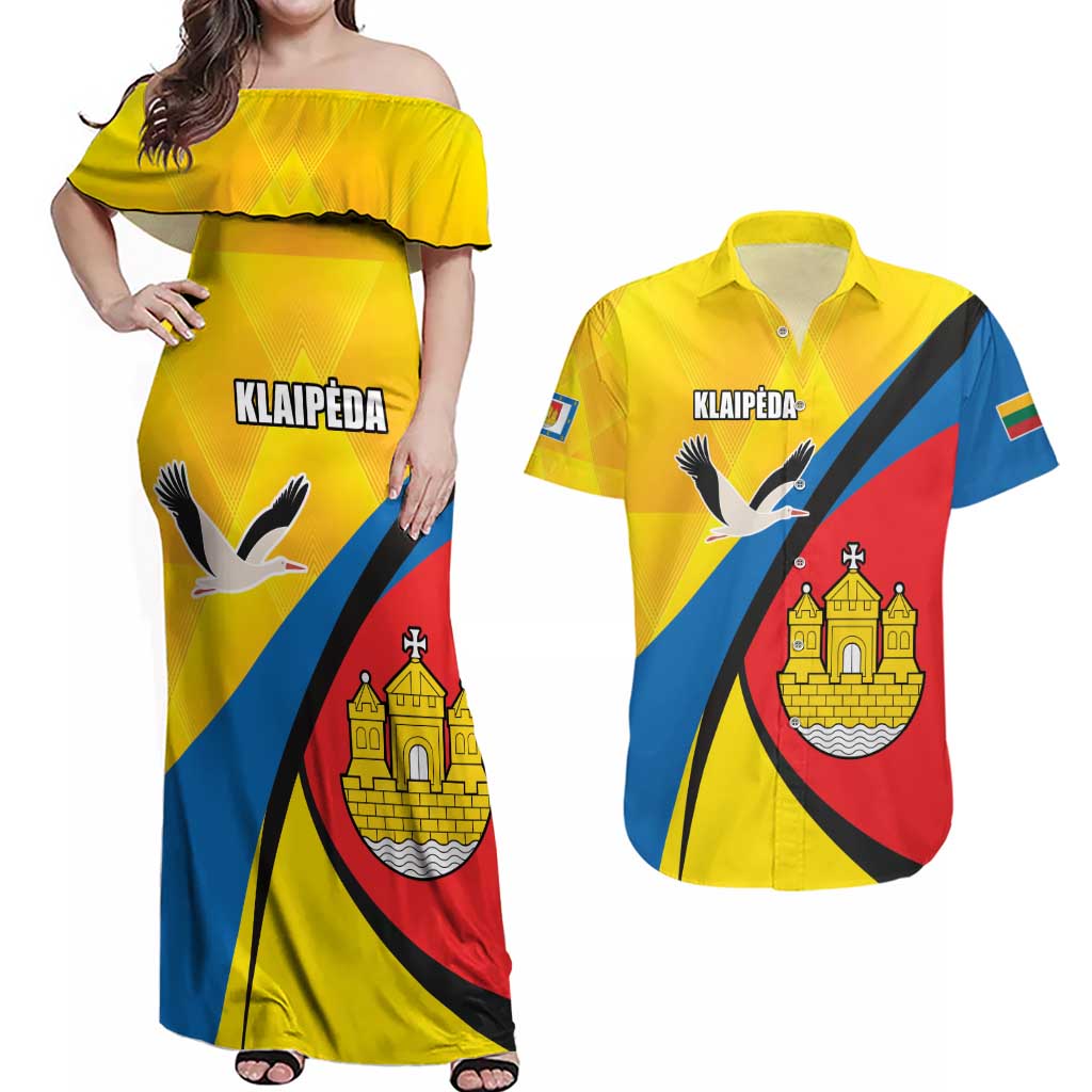 Lithuania Klaipeda Country Couples Matching Off Shoulder Maxi Dress and Hawaiian Shirt Klaipedos Apskritis Coat of Arms - Wonder Print Shop