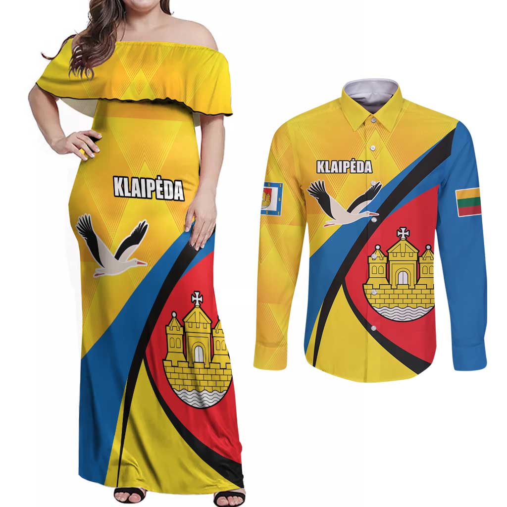Lithuania Klaipeda Country Couples Matching Off Shoulder Maxi Dress and Long Sleeve Button Shirt Klaipedos Apskritis Coat of Arms - Wonder Print Shop