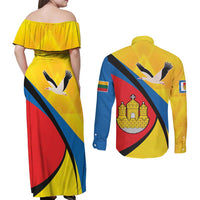 Lithuania Klaipeda Country Couples Matching Off Shoulder Maxi Dress and Long Sleeve Button Shirt Klaipedos Apskritis Coat of Arms - Wonder Print Shop