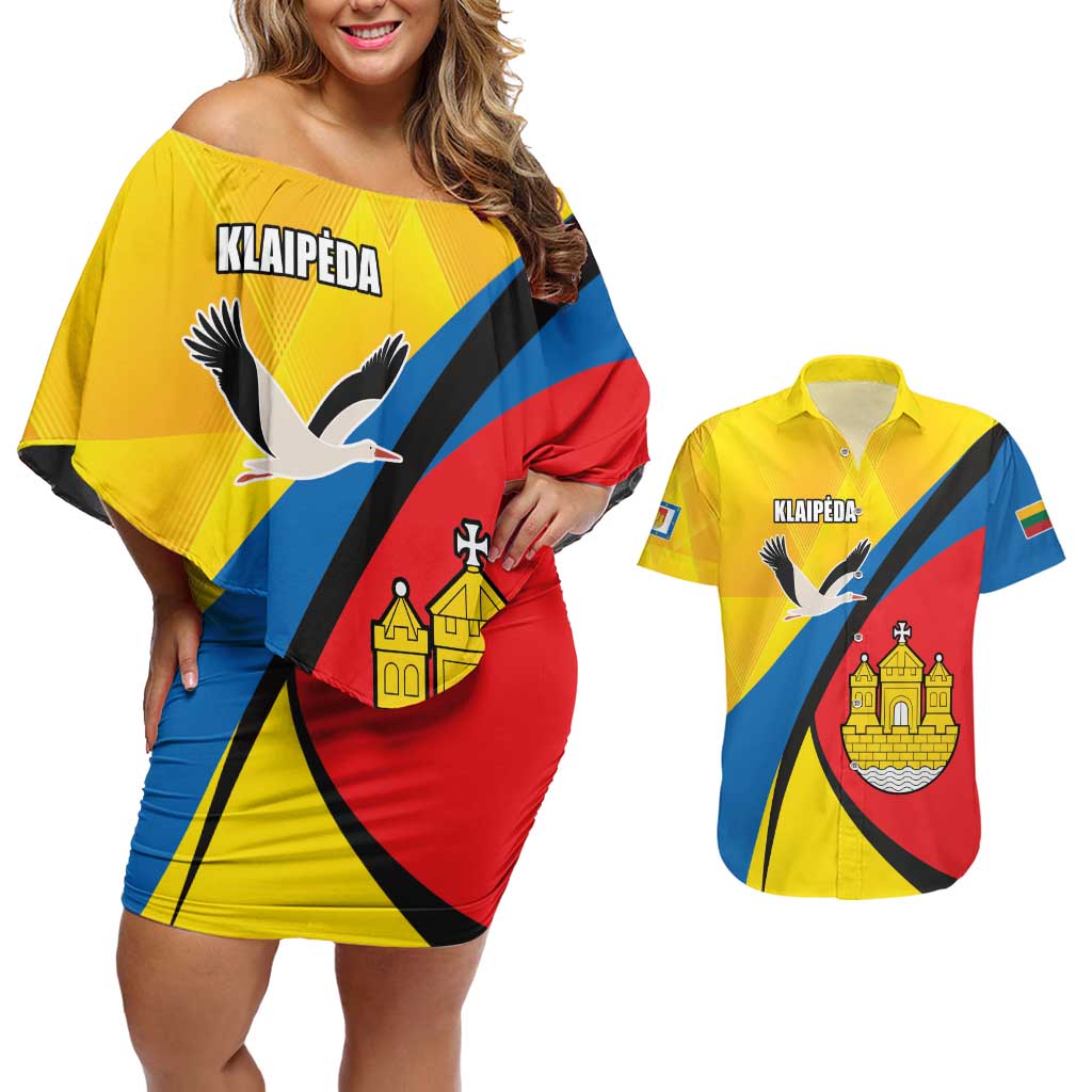 Lithuania Klaipeda Country Couples Matching Off Shoulder Short Dress and Hawaiian Shirt Klaipedos Apskritis Coat of Arms - Wonder Print Shop
