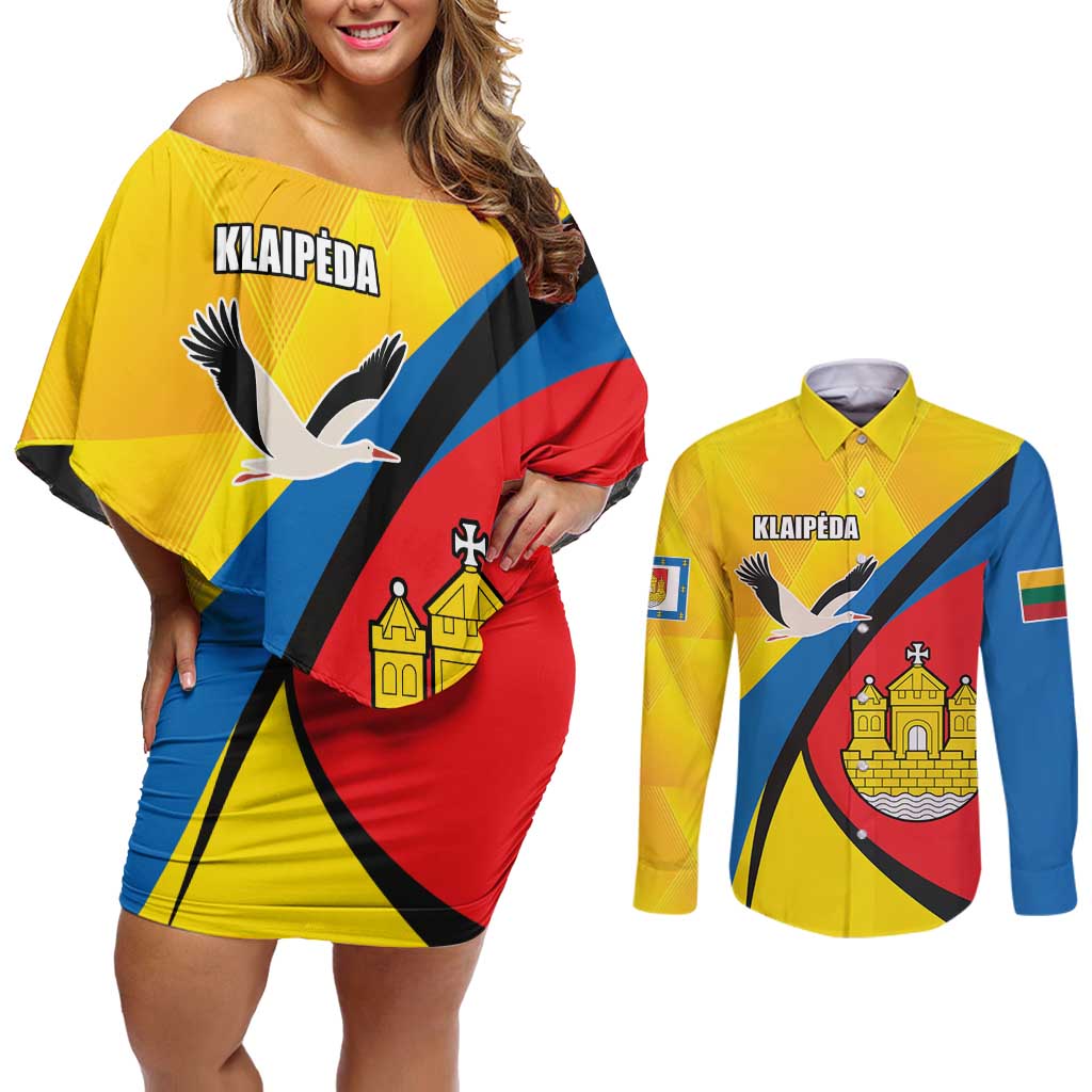 Lithuania Klaipeda Country Couples Matching Off Shoulder Short Dress and Long Sleeve Button Shirt Klaipedos Apskritis Coat of Arms - Wonder Print Shop