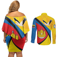 Lithuania Klaipeda Country Couples Matching Off Shoulder Short Dress and Long Sleeve Button Shirt Klaipedos Apskritis Coat of Arms - Wonder Print Shop