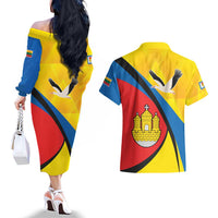 Lithuania Klaipeda Country Couples Matching Off The Shoulder Long Sleeve Dress and Hawaiian Shirt Klaipedos Apskritis Coat of Arms - Wonder Print Shop
