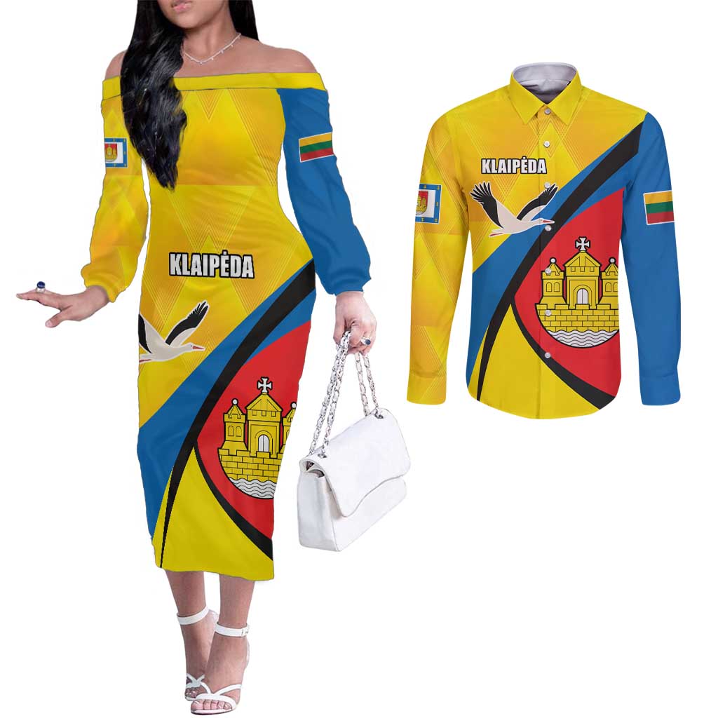 Lithuania Klaipeda Country Couples Matching Off The Shoulder Long Sleeve Dress and Long Sleeve Button Shirt Klaipedos Apskritis Coat of Arms - Wonder Print Shop