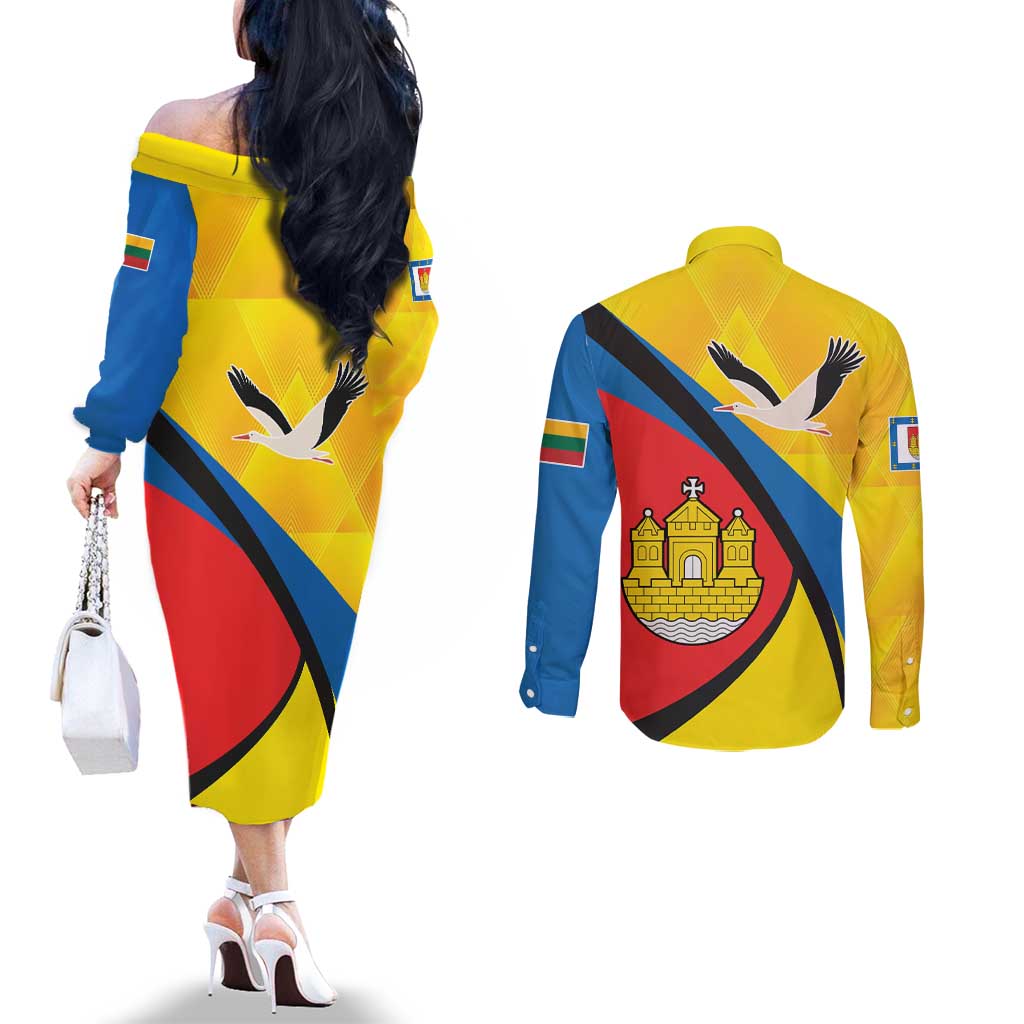 Lithuania Klaipeda Country Couples Matching Off The Shoulder Long Sleeve Dress and Long Sleeve Button Shirt Klaipedos Apskritis Coat of Arms - Wonder Print Shop