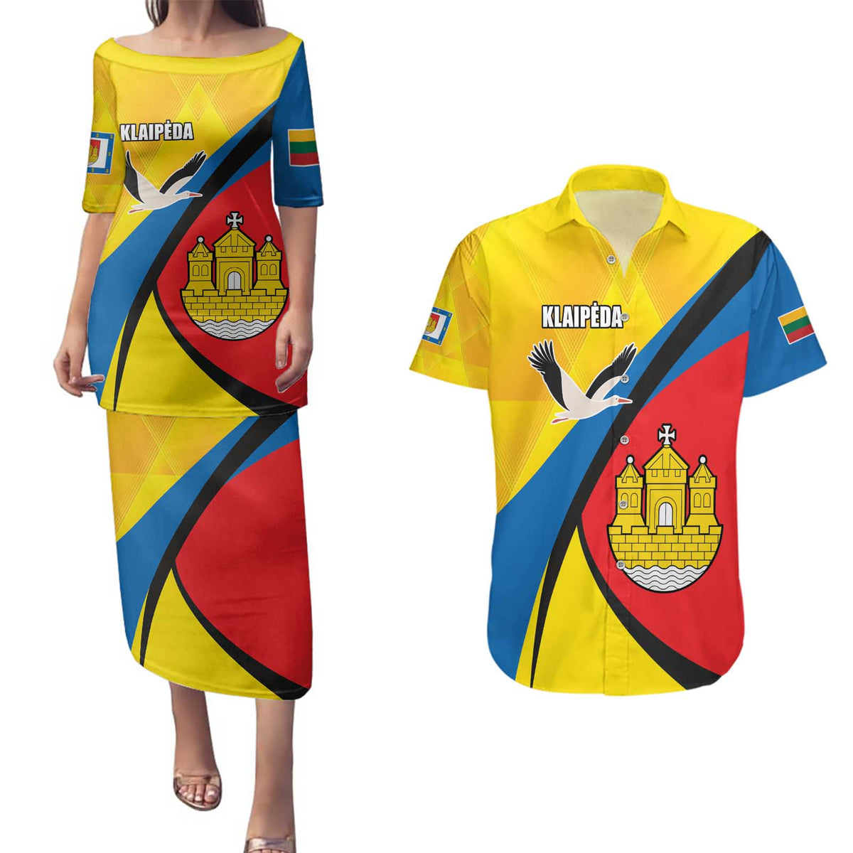 Lithuania Klaipeda Country Couples Matching Puletasi and Hawaiian Shirt Klaipedos Apskritis Coat of Arms - Wonder Print Shop