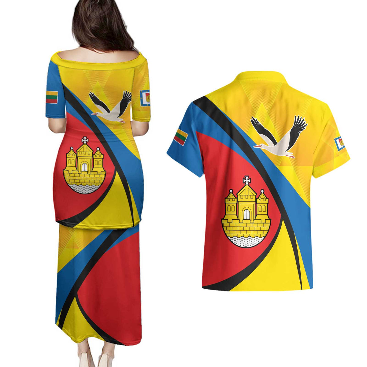 Lithuania Klaipeda Country Couples Matching Puletasi and Hawaiian Shirt Klaipedos Apskritis Coat of Arms - Wonder Print Shop