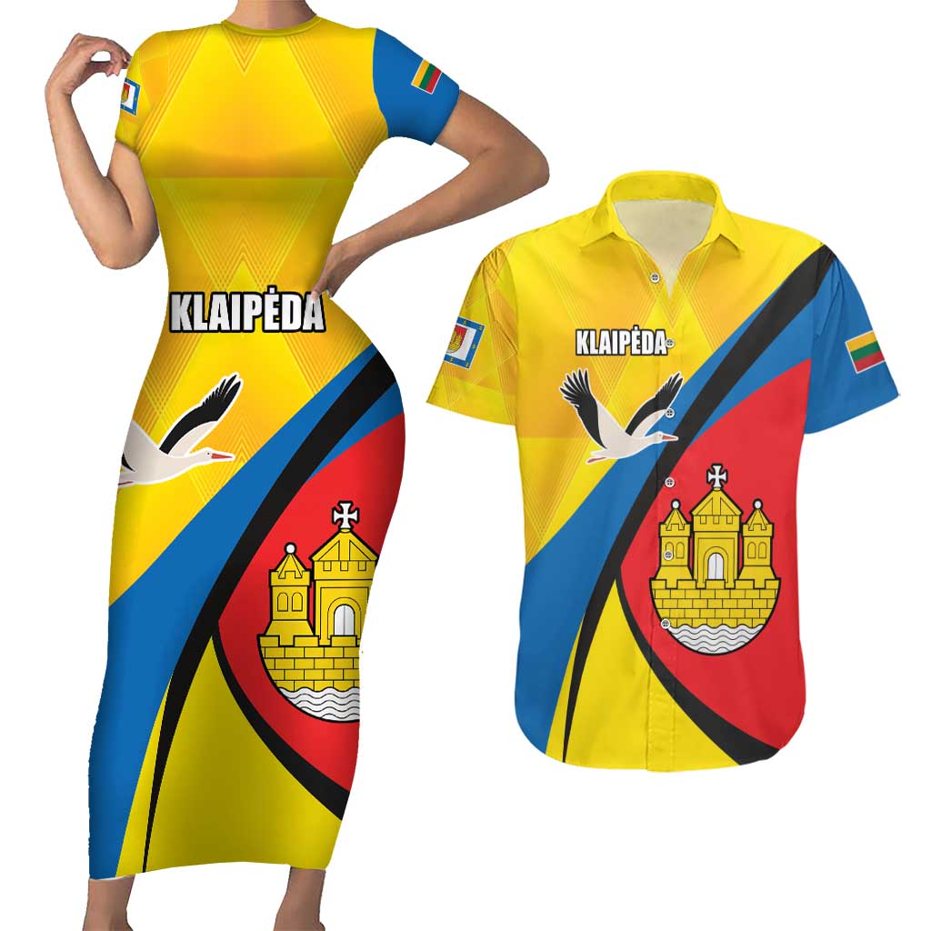 Lithuania Klaipeda Country Couples Matching Short Sleeve Bodycon Dress and Hawaiian Shirt Klaipedos Apskritis Coat of Arms - Wonder Print Shop