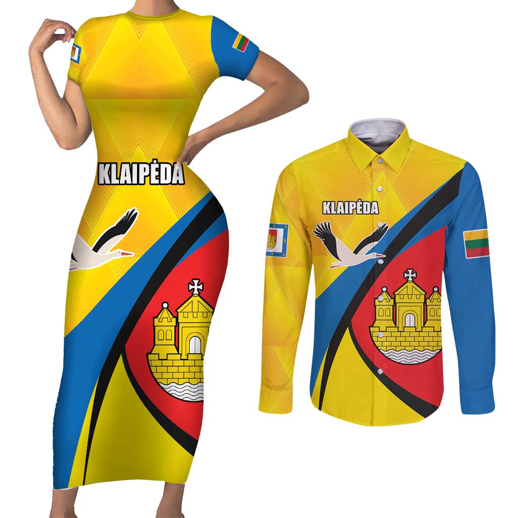 Lithuania Klaipeda Country Couples Matching Short Sleeve Bodycon Dress and Long Sleeve Button Shirt Klaipedos Apskritis Coat of Arms - Wonder Print Shop