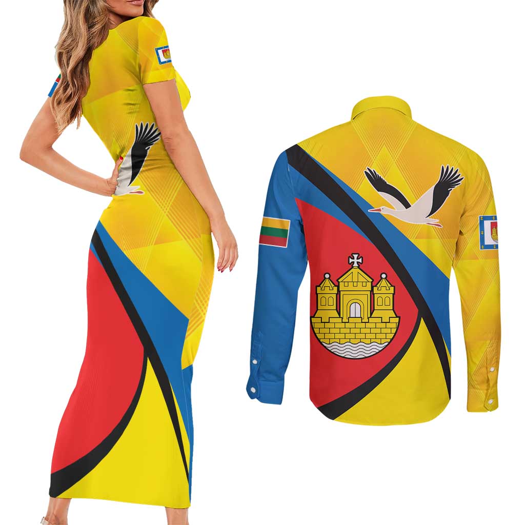 Lithuania Klaipeda Country Couples Matching Short Sleeve Bodycon Dress and Long Sleeve Button Shirt Klaipedos Apskritis Coat of Arms - Wonder Print Shop
