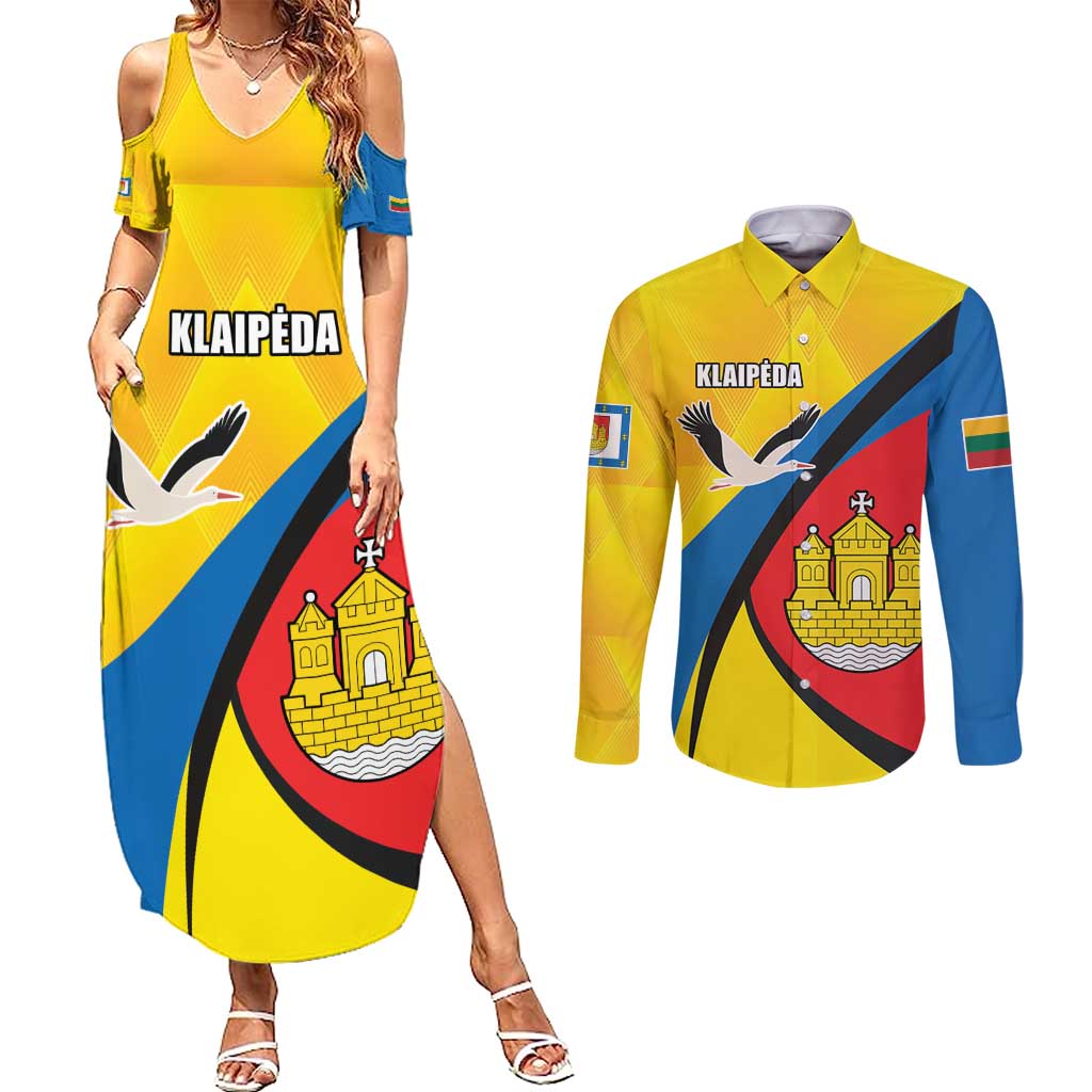 Lithuania Klaipeda Country Couples Matching Summer Maxi Dress and Long Sleeve Button Shirt Klaipedos Apskritis Coat of Arms - Wonder Print Shop