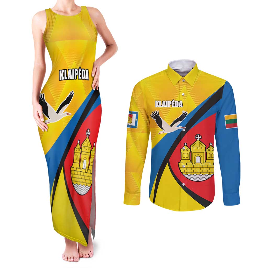 Lithuania Klaipeda Country Couples Matching Tank Maxi Dress and Long Sleeve Button Shirt Klaipedos Apskritis Coat of Arms - Wonder Print Shop
