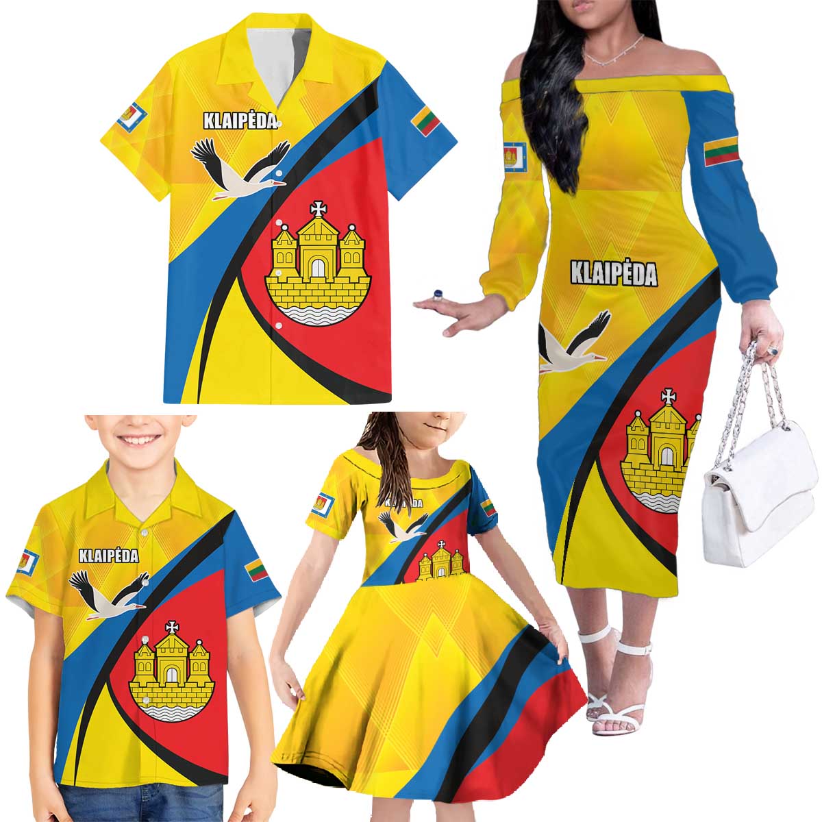 Lithuania Klaipeda Country Family Matching Off The Shoulder Long Sleeve Dress and Hawaiian Shirt Klaipedos Apskritis Coat of Arms - Wonder Print Shop