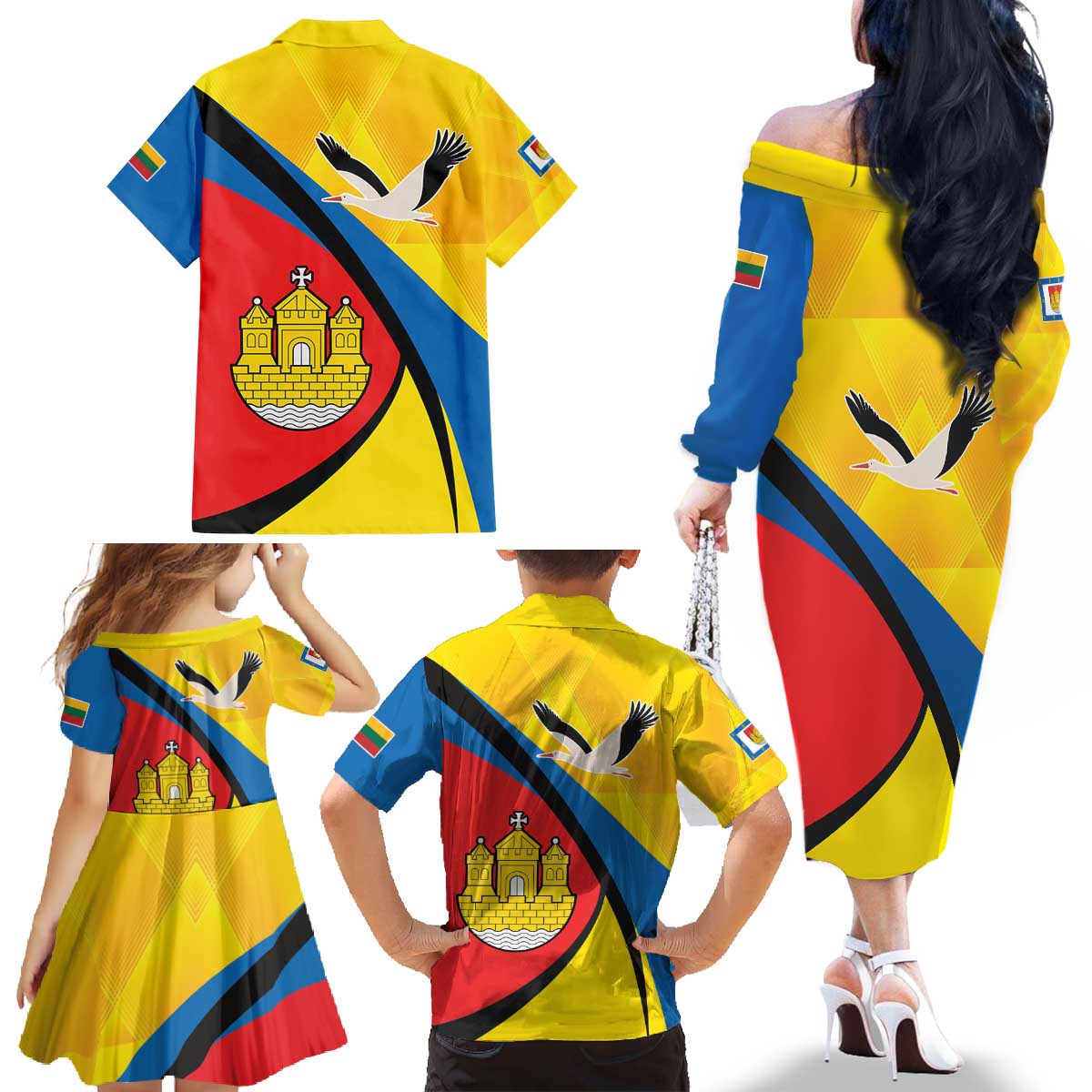 Lithuania Klaipeda Country Family Matching Off The Shoulder Long Sleeve Dress and Hawaiian Shirt Klaipedos Apskritis Coat of Arms - Wonder Print Shop