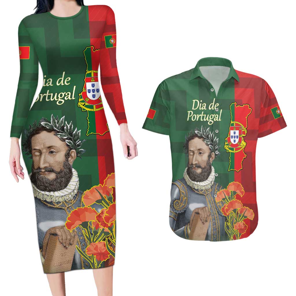 Portugal Day 10th June Couples Matching Long Sleeve Bodycon Dress and Hawaiian Shirt Luis de Camoes Dia da Portugal