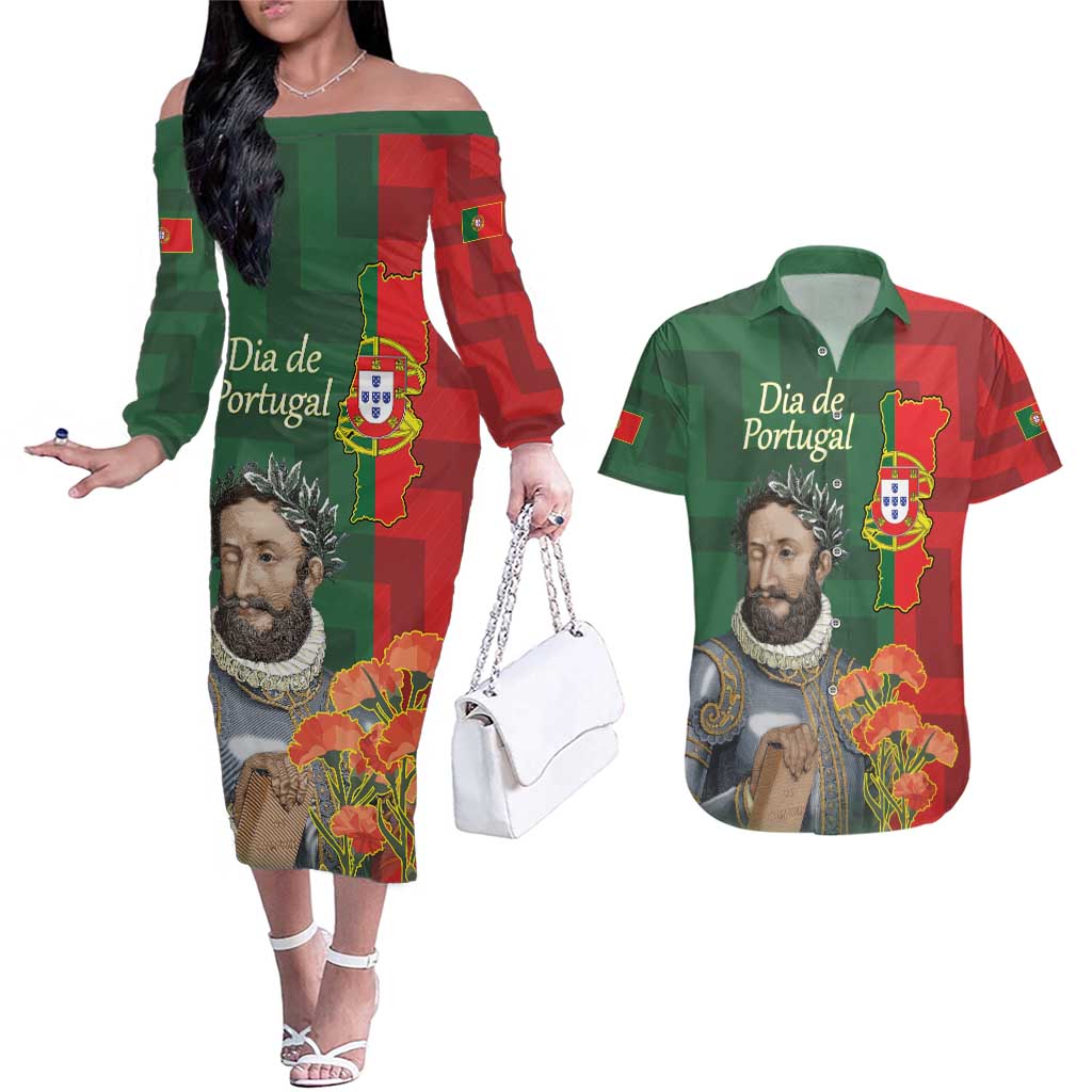 Portugal Day 10th June Couples Matching Off The Shoulder Long Sleeve Dress and Hawaiian Shirt Luis de Camoes Dia da Portugal