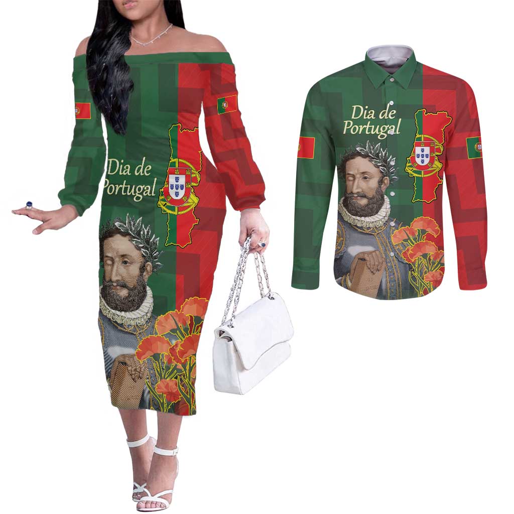 Portugal Day 10th June Couples Matching Off The Shoulder Long Sleeve Dress and Long Sleeve Button Shirt Luis de Camoes Dia da Portugal