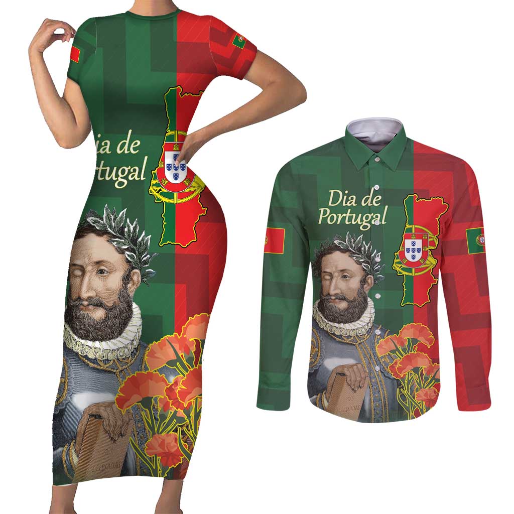 Portugal Day 10th June Couples Matching Short Sleeve Bodycon Dress and Long Sleeve Button Shirt Luis de Camoes Dia da Portugal