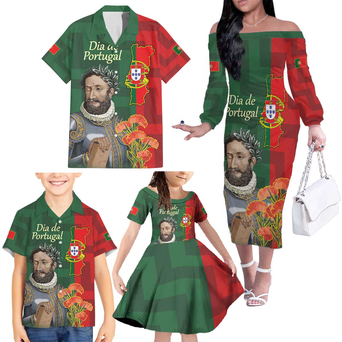 Portugal Day 10th June Family Matching Off The Shoulder Long Sleeve Dress and Hawaiian Shirt Luis de Camoes Dia da Portugal