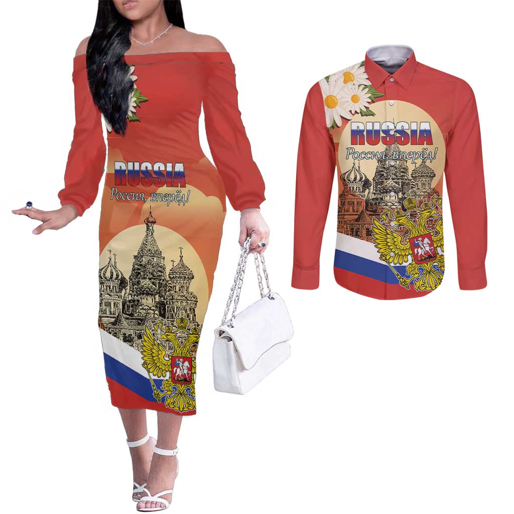 Personalized Russia Day 12th June Couples Matching Off The Shoulder Long Sleeve Dress and Long Sleeve Button Shirt Red Square Moscow