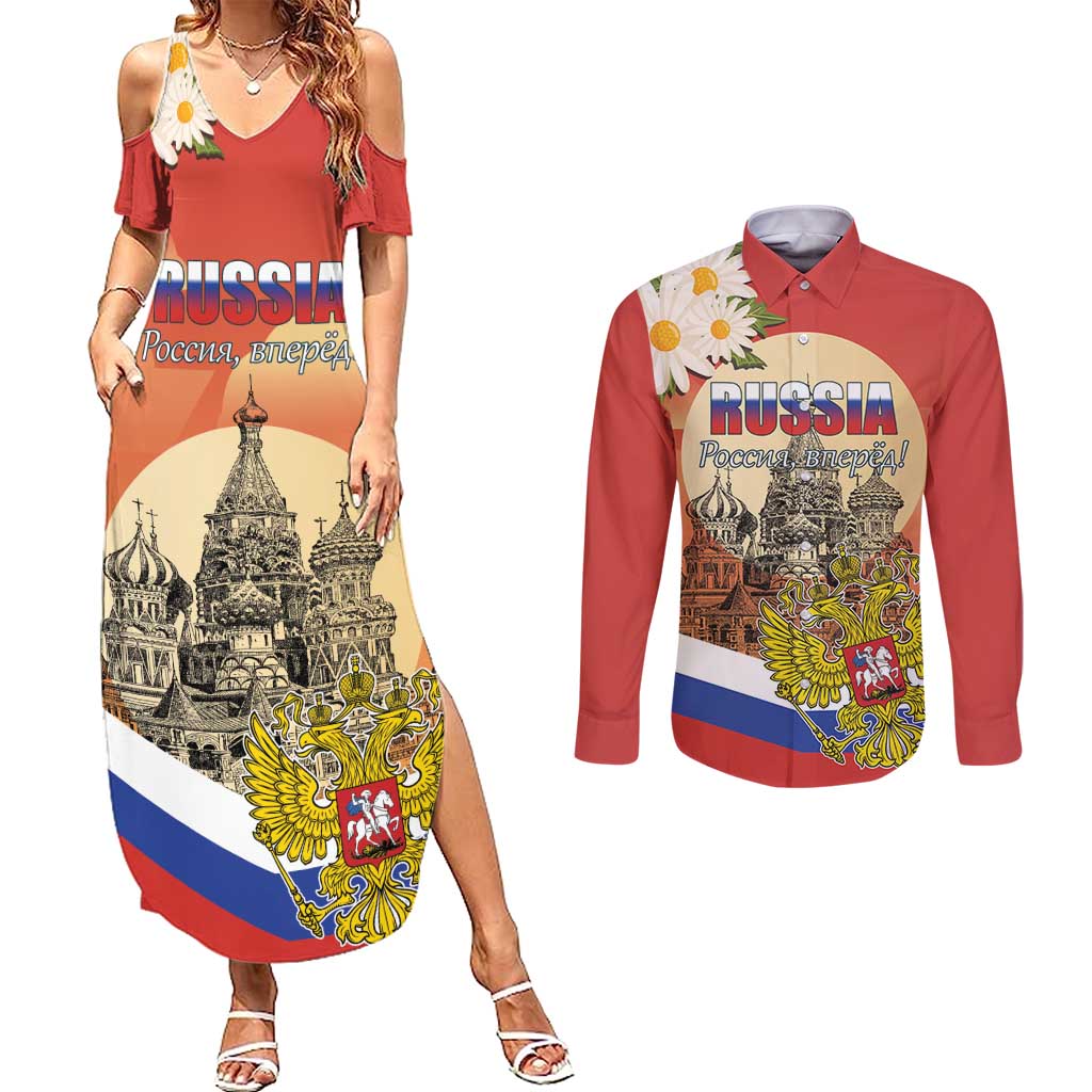 Personalized Russia Day 12th June Couples Matching Summer Maxi Dress and Long Sleeve Button Shirt Red Square Moscow