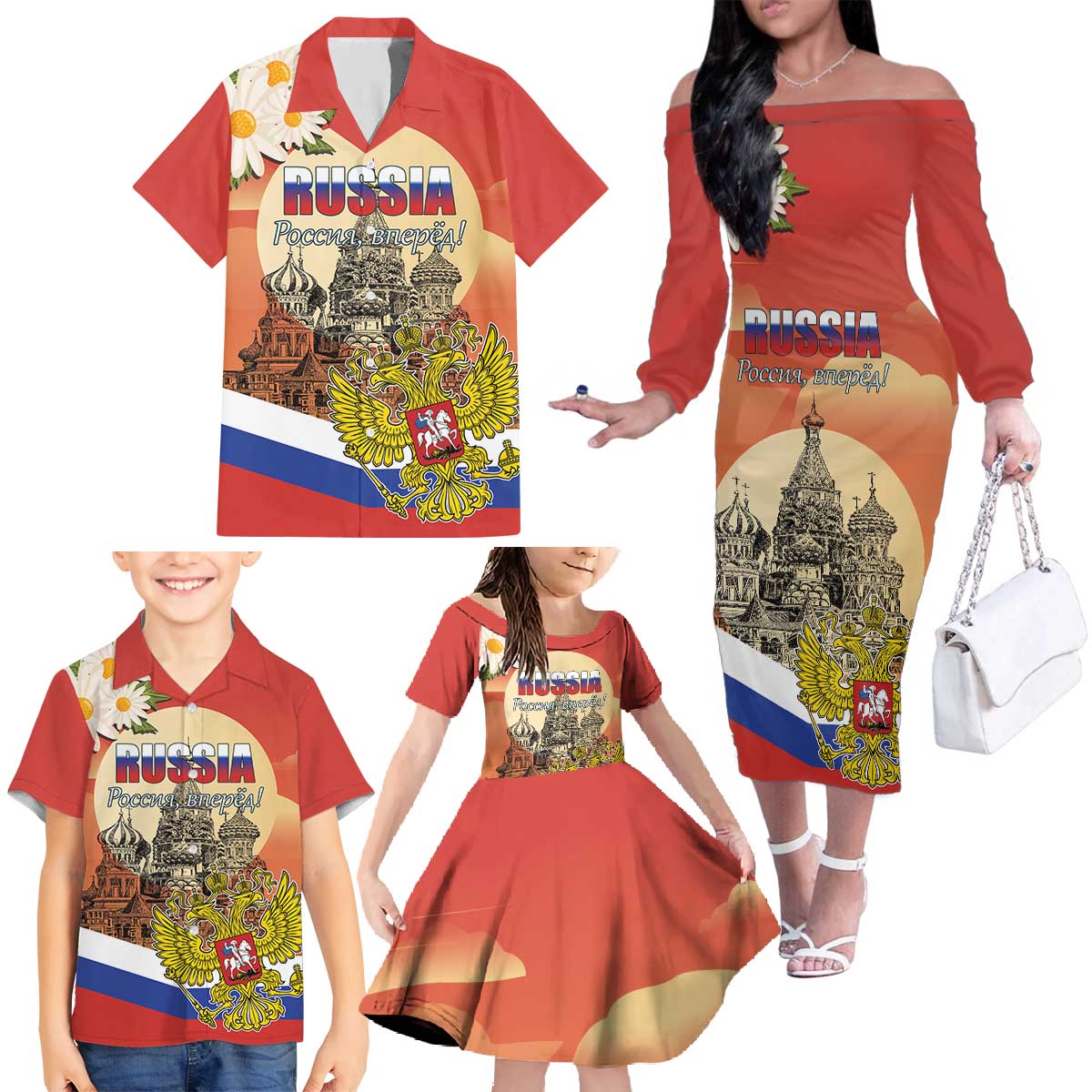 Personalized Russia Day 12th June Family Matching Off The Shoulder Long Sleeve Dress and Hawaiian Shirt Red Square Moscow