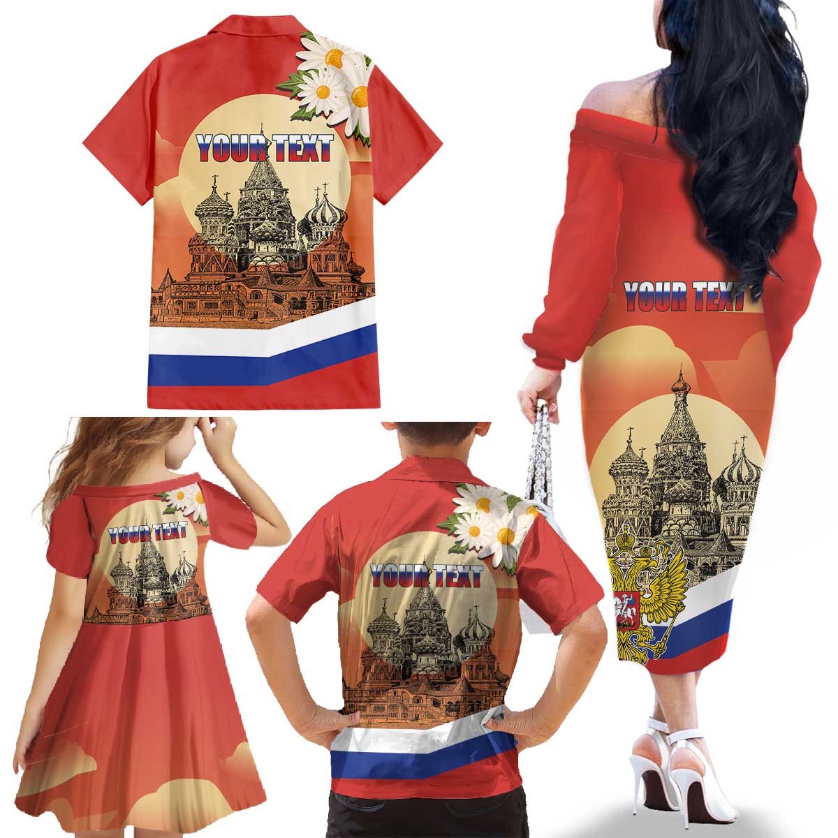 Personalized Russia Day 12th June Family Matching Off The Shoulder Long Sleeve Dress and Hawaiian Shirt Red Square Moscow