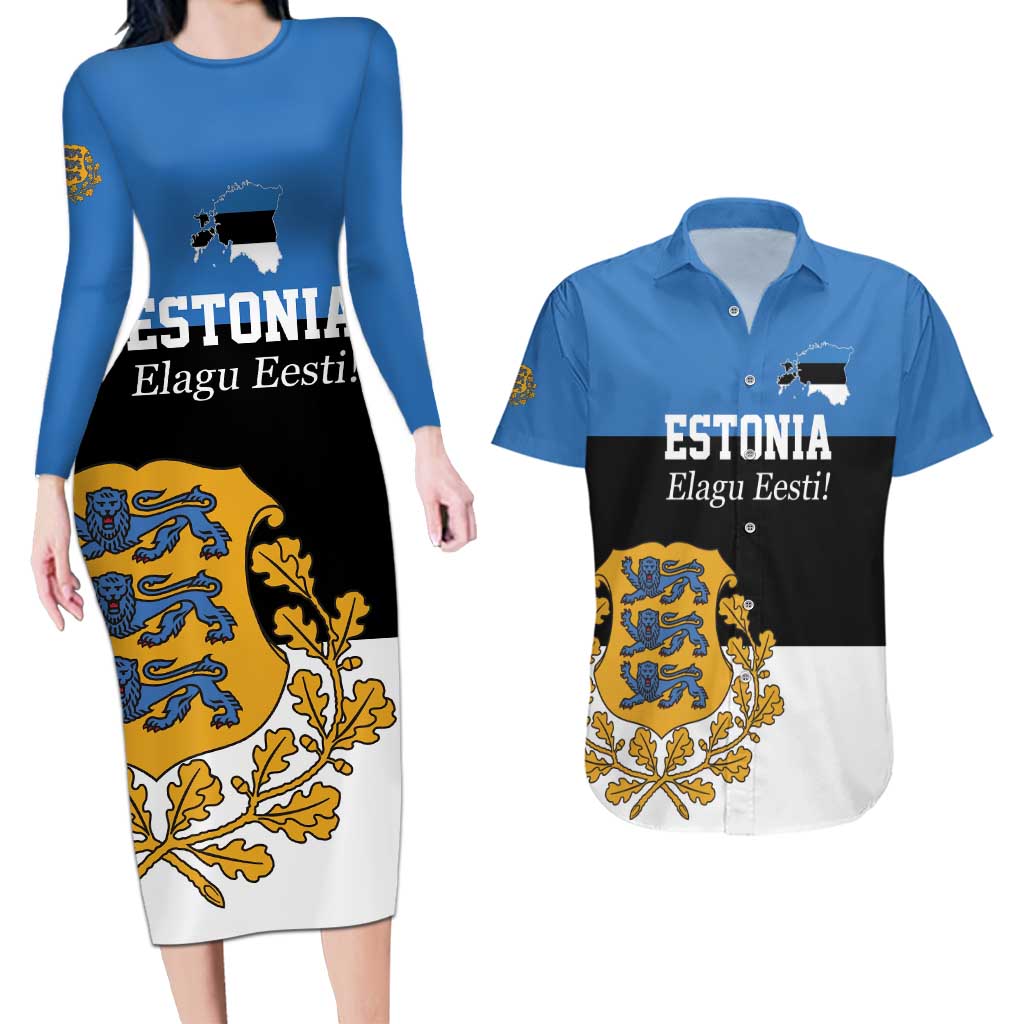 Personalized Estonia Flag Day 4 June Couples Matching Long Sleeve Bodycon Dress and Hawaiian Shirt Elagu Esti!
