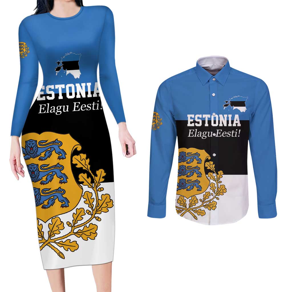 Personalized Estonia Flag Day 4 June Couples Matching Long Sleeve Bodycon Dress and Long Sleeve Button Shirt Elagu Esti!