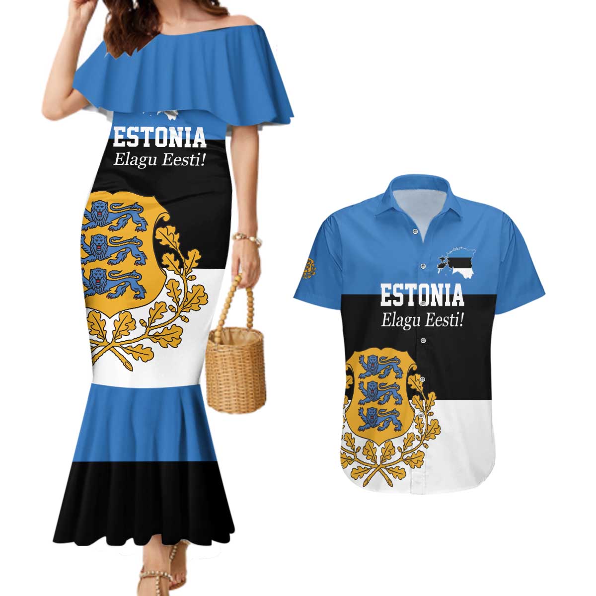 Personalized Estonia Flag Day 4 June Couples Matching Mermaid Dress and Hawaiian Shirt Elagu Esti!