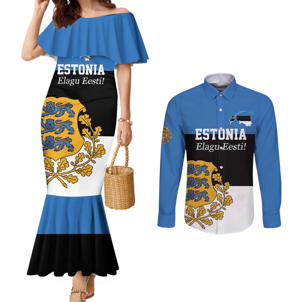 Personalized Estonia Flag Day 4 June Couples Matching Mermaid Dress and Long Sleeve Button Shirt Elagu Esti!