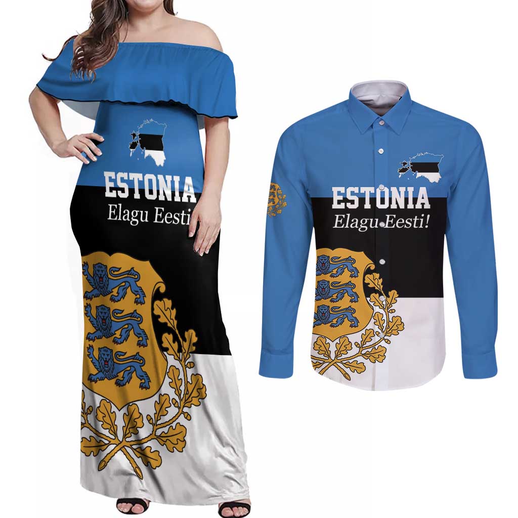 Personalized Estonia Flag Day 4 June Couples Matching Off Shoulder Maxi Dress and Long Sleeve Button Shirt Elagu Esti!