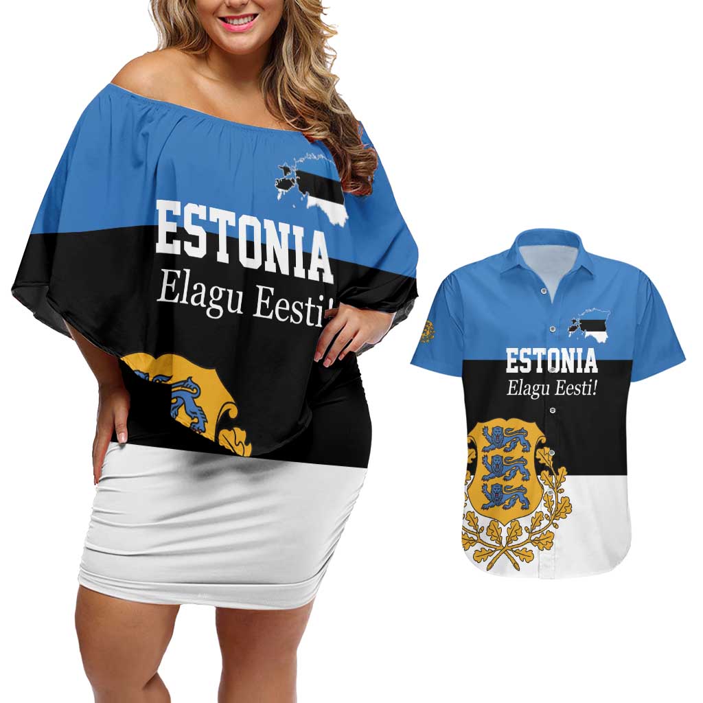 Personalized Estonia Flag Day 4 June Couples Matching Off Shoulder Short Dress and Hawaiian Shirt Elagu Esti!