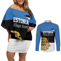 Personalized Estonia Flag Day 4 June Couples Matching Off Shoulder Short Dress and Long Sleeve Button Shirt Elagu Esti!