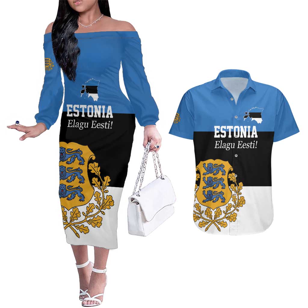 Personalized Estonia Flag Day 4 June Couples Matching Off The Shoulder Long Sleeve Dress and Hawaiian Shirt Elagu Esti!