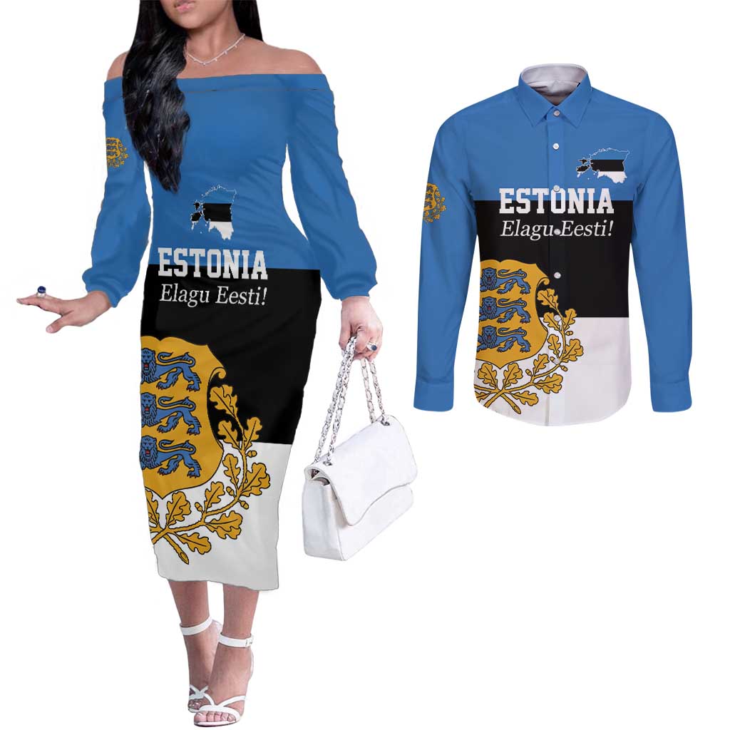 Personalized Estonia Flag Day 4 June Couples Matching Off The Shoulder Long Sleeve Dress and Long Sleeve Button Shirt Elagu Esti!