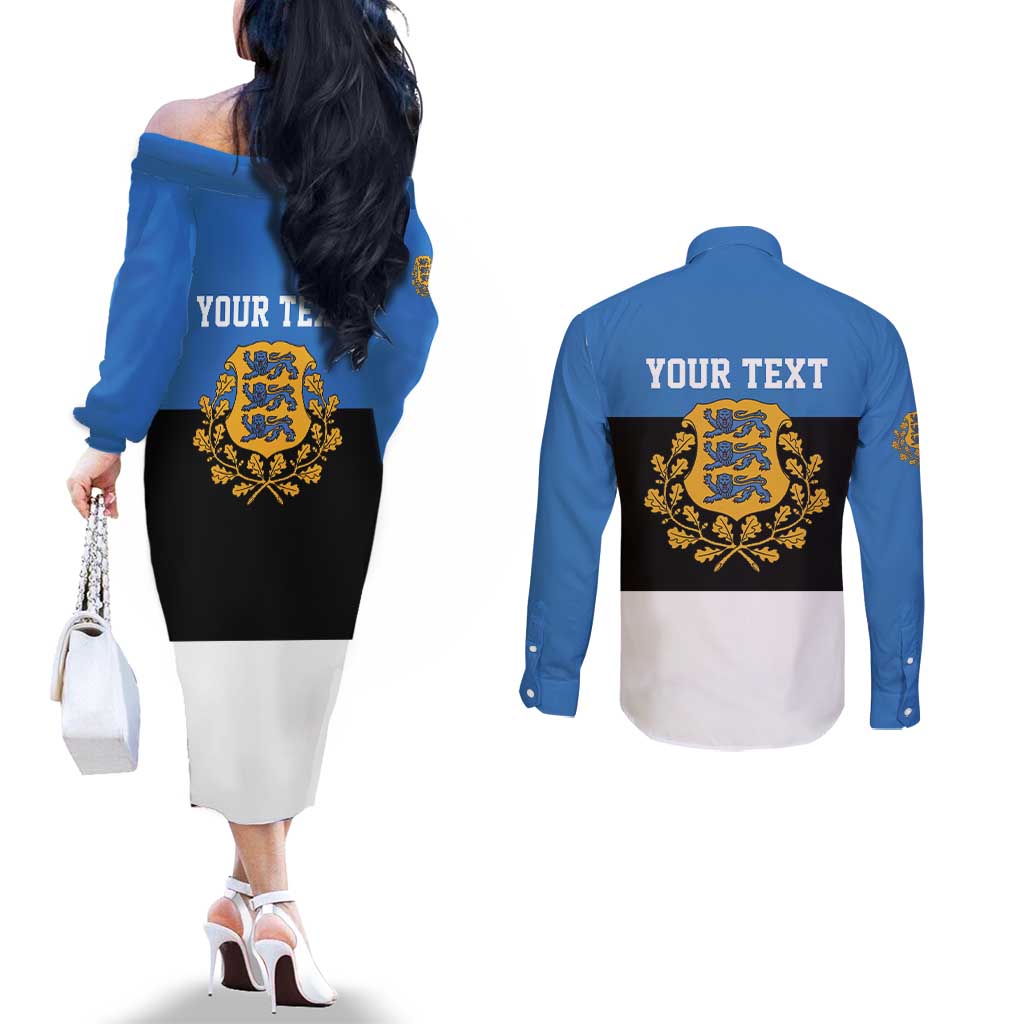 Personalized Estonia Flag Day 4 June Couples Matching Off The Shoulder Long Sleeve Dress and Long Sleeve Button Shirt Elagu Esti!