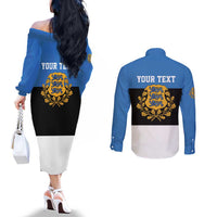 Personalized Estonia Flag Day 4 June Couples Matching Off The Shoulder Long Sleeve Dress and Long Sleeve Button Shirt Elagu Esti!