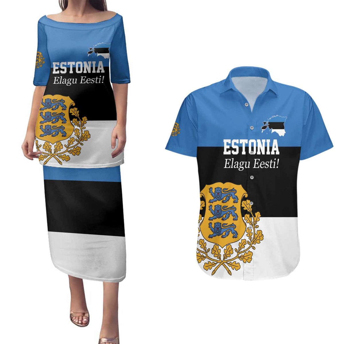Personalized Estonia Flag Day 4 June Couples Matching Puletasi and Hawaiian Shirt Elagu Esti!