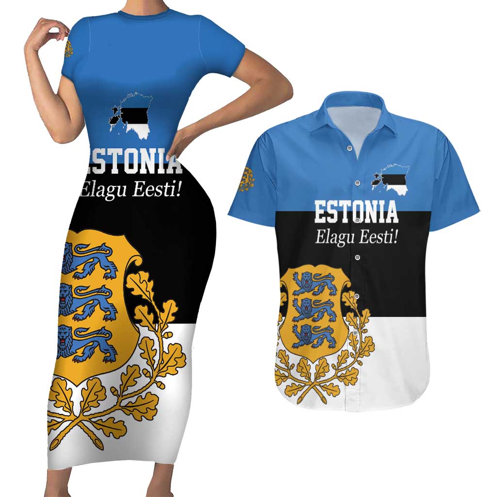 Personalized Estonia Flag Day 4 June Couples Matching Short Sleeve Bodycon Dress and Hawaiian Shirt Elagu Esti!