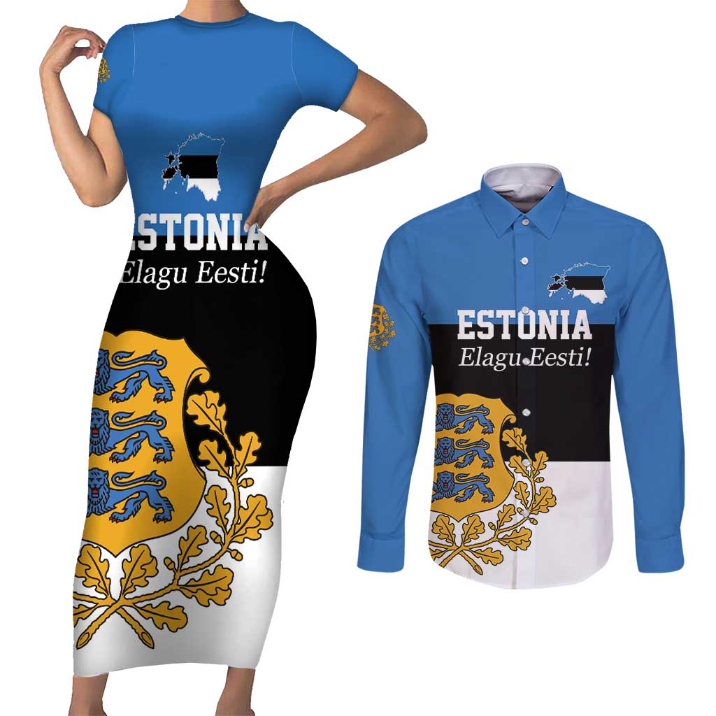 Personalized Estonia Flag Day 4 June Couples Matching Short Sleeve Bodycon Dress and Long Sleeve Button Shirt Elagu Esti!