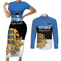 Personalized Estonia Flag Day 4 June Couples Matching Short Sleeve Bodycon Dress and Long Sleeve Button Shirt Elagu Esti!