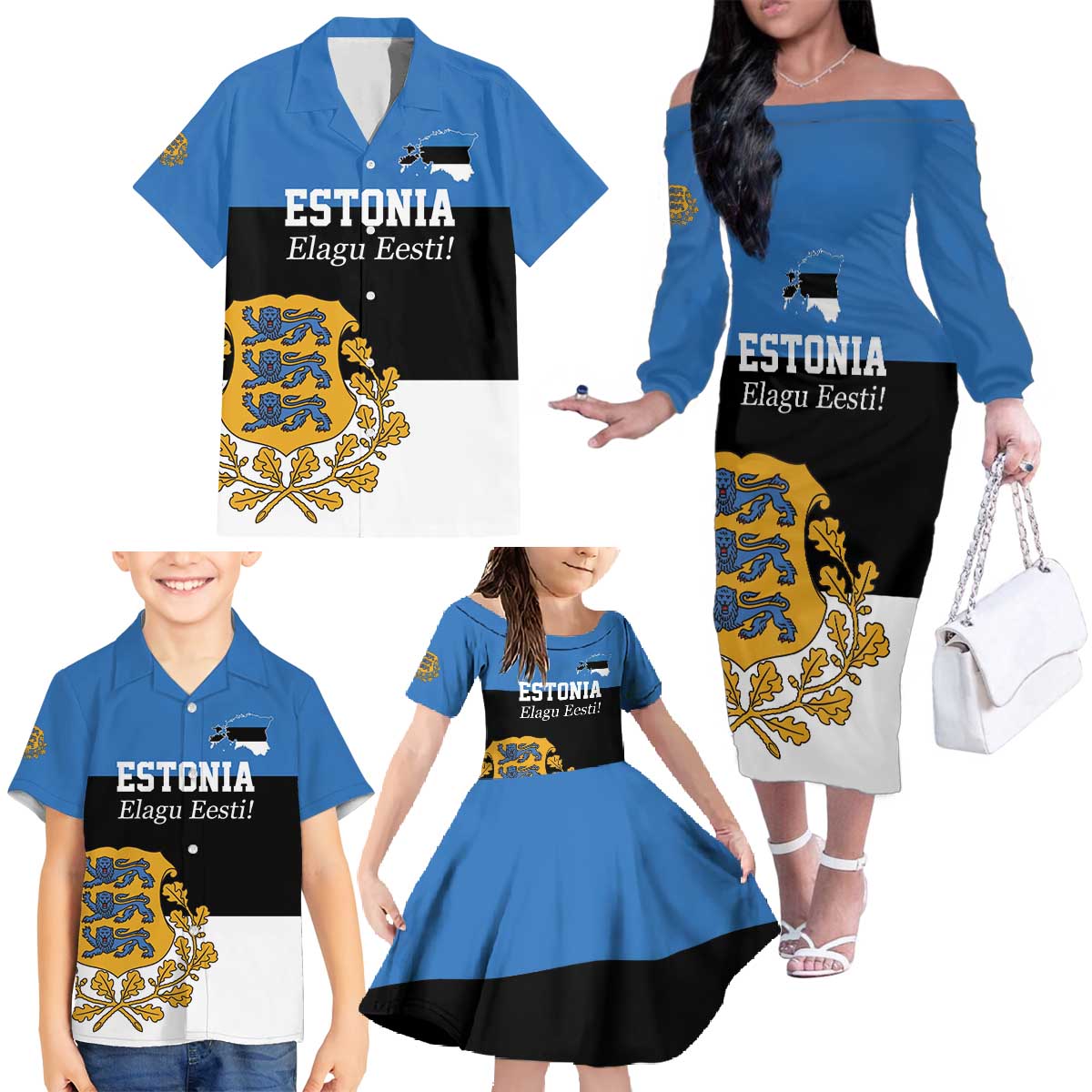 Personalized Estonia Flag Day 4 June Family Matching Off The Shoulder Long Sleeve Dress and Hawaiian Shirt Elagu Esti!