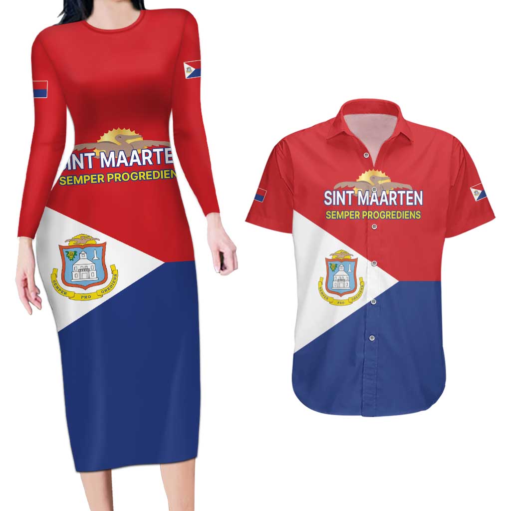 Personalized Sint Maarten Flag day Couples Matching Long Sleeve Bodycon Dress and Hawaiian Shirt Semper progrediens Flag Style