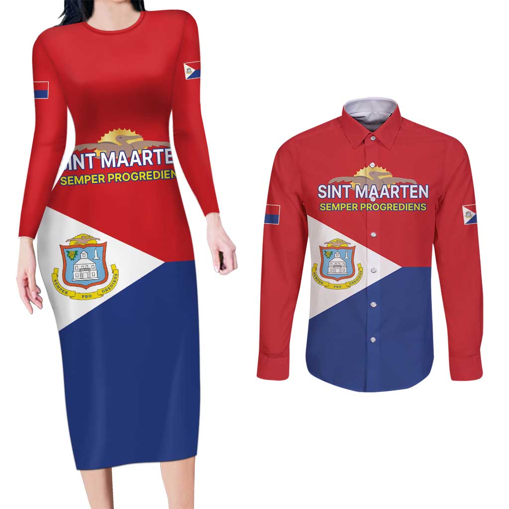 Personalized Sint Maarten Flag day Couples Matching Long Sleeve Bodycon Dress and Long Sleeve Button Shirt Semper progrediens Flag Style